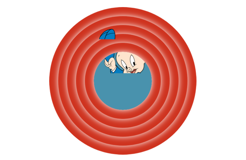Porky Pig wordt deels afgekapt door de achtergrond en door de cirkels.