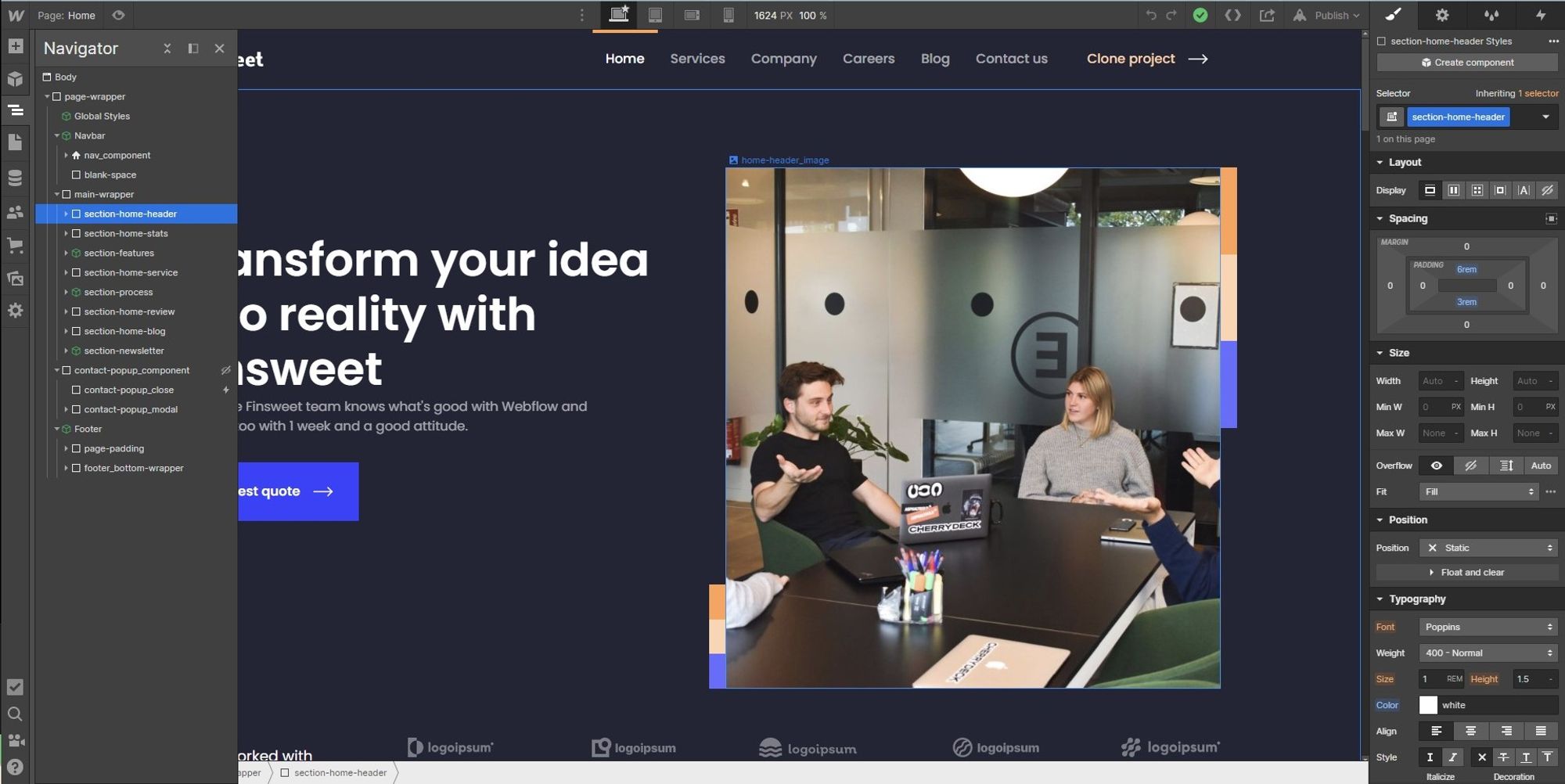 De editor in Webflow met links de instellingen van de website en het overzicht van alle gebruikte elementen op de huidige pagina, in het midden hetgeen dat je aan het maken bent en rechts het menu met instellingen van het geselecteerde element.
